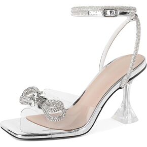 Women Clear Heels Rhinestone Strappy Heels Crystal Ankle Strap Open Square Toe Heeled Sandals