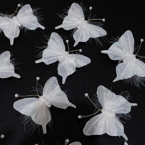 LWINGFLYER 12PCS White Feather Butterfly with Glitters Pearls Clip on Artificial Butterflies Ornaments for Crafts Wedding Cake Birthday Party Flowers Valentine's Day Decoration (12.5cm Butterfly)