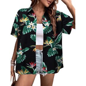 Summer Button Up Hawaiian Shirt: Women Hawaii Shirts Soft Cool Floral Tropic Print Short Sleeve V Neck T-Shirt
