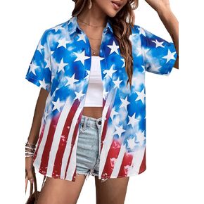 American Flag Shirt Patriotic T-Shirt: Women 4th of July Tops USA Red White Blue Tee Memorial Day Button Down Shirts