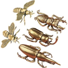 4PCS Vintage Brass Gold Bee Beetle Decorations Statues Sculpture Solid Metal Animal Insect Ornament Miniature Figurines Long Horn Bug for Home Office Garden Desktop Decor