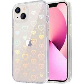 Tksafy Compatible iPhone 13 Case, Clear Cute Glitter Laser Holographic Love Heart Pattern Design for Women Girls, Anti-Yellow Hard PC Shockproof Protective Phone Cover for iPhone 13, Light Black