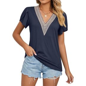 Women's Summer Casual Petal Sleeve Solid Color Top Guipure Lace V Neck Petal Sleeve T-Shirt Blouse