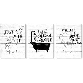 3 Pieces Funny Bathroom Canvas Wall Art Bathroom Quotes on Retro Wood Style Artwork Black and White Toilet Bathtub Bath Set Poster Print for Restroom Farmhouse Bath Bathroom Decor