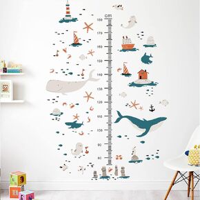3D Cartoon Height Growth Chart for Kids Wall Decal Removable DIY Whale Ocean Animal Wall Decal Peel and Stick Sailing House Wall Art Decor for Kids Nursery Bedroom Living Room Bathroom Decor