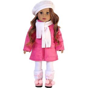 - Parisian Adventure - 5 Piece Outfit - Pink Coat, White Beret, Scarf, Leggings and Pink Boots - Clothes Fits 18 Inch Doll (Doll Not Included)