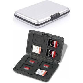 Memory Card Carrying Box, Silver Aluminum Shock Resistant SD Card Holder, compatible with SD, SDHC, MMC, Micro SD, and TF Cards