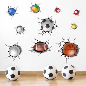 9pcs 3D Soccer Wall Sticker, 35.43x11.81in Waterproof Wall Decals with Various Ball Patterns PVC Self-Adhesive Wallpaper Sports Posters Wall Art Decor for Kids Boys Bedroom Home Party Decoration