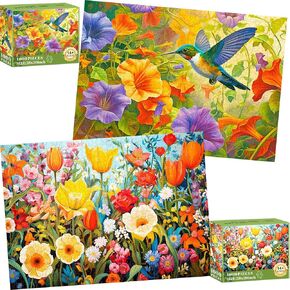 2 Pack Puzzles for Adults 1000 Pieces – 1000 Piece Hard Puzzles for Adults - Thick and Durable Hummingbirds and Flowers Jigsaw Puzzles for Family Fun Birthday Party Favors