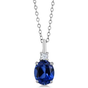 Gem Stone King 925 Sterling Silver Blue Created Sapphire Pendant Necklace For Women | 2.35 Cttw | Gemstone September Birthstone | Oval 9X7MM | With 18 Inch Silver Chain