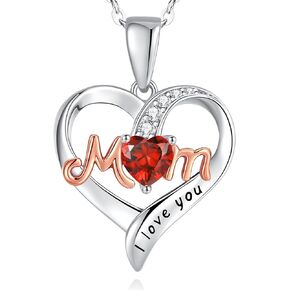 Mothers Day Gifts for Mom, Heart Birthstone Necklaces for Women, I Love You Mom Necklace 925 Sterling Silver Fine Jewelry Pendant Birthday Gift for Mother Grandma Wife from Daughters Son