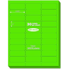 1" x 2-5/8" Premium Green Colored Shipping Address Labels Sticker Papers for Inkjet & Laser Printer Self-Adhesive Mailing Labels Writable Tags, 8.5"×11" 30 Labels per Sheet