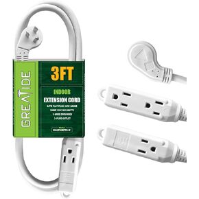 6 Ft Flat Plug Extension Cord, 16 AWG 3 Prong Grounded Low Profile Extension Cable,3 Outlet Extension Wire for Indoor, White, UL Listed