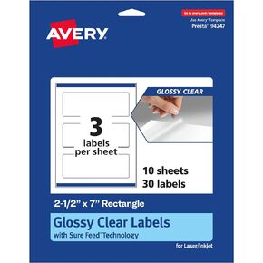 Avery Glossy Clear Rectangle Labels with Sure Feed, 2.5" x 7", 150 Glossy Clear Labels, Print-to-The-Edge, Laser/Inkjet Printable Labels