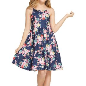 Leaduty Girl's Casual Strap Swing A-line Floral Midi Dress for 4-13 Years Kids