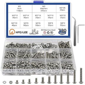 620 Pieces M3 M4 M5 Screws Metric Hex Socket Button Head Cap Screws Bolts Nuts Assortment Kit with Allen Wrenches 304 Silver