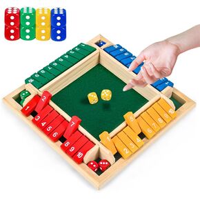 1-4 Players Shut The Box Dice Game, 10 Numbers Traditional Wooden Pub Bar Board Family Table Mat Game Dice for Kids and Adults