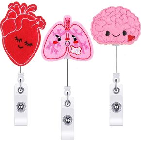 3Pieces Felt Nurse Badge Reels Retractable Badge Holder Cute Brain Heart Lungs Pattern ID Badge Reel Holders with Alligator Clips for Doctor, Nurse, Teacher, Student Lightweight & Easy Retracting