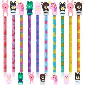 Glenmal 100 Pcs Scented Pencils for Kids Scent HB Graphite Pencils with 100 Pcs Cartoon Pencil Toppers Silicone Eraser Gift for School Office Classroom Party Reward Supplies (Fruit)