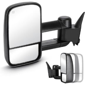 زوج من مرايا السحب مناسبة لسيارة Chevy/GMC Silverado Sierra 1500 2500 99-02، لـ HD/ 3500/ Suburban 1500 2500 Tahoe Yukon 01-02، لـ Avalanche 1500 2500 2002، مع طي/تلسكوب ساخن ودليل