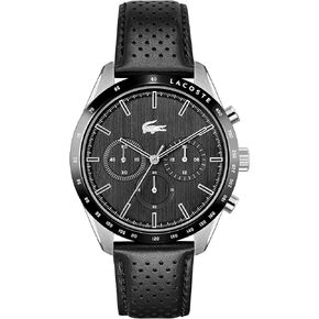 Lacoste Boston Men's Chrono Stainless Steel and Leather Strap Casual Watch, Color: Black (Model: 2011109)