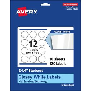 Avery Glossy White Starburst Labels with Sure Feed, 2.25", 120 Glossy White Labels, Print-to-The-Edge, Permanent Label Adhesive, Laser/Inkjet Printable Labels