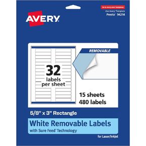 Avery Matte White Removable Rectangle Labels with Sure Feed Technology, 5/8" x 3", 480 Removable Labels, Laser/Inkjet Printable Labels