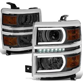 DNA MOTORING HL-LB-CS15-BK-AM Pair LED DRL+ U Tube Bar Projector Headlights Compatible with 14-15 Silverado 1500, Black/Amber