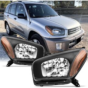 Headlight Assembly Compatible With 2001-2003 Toyota RAV4 Black W/Amber Headlamp Replacement Pair Set Driver & Passenger Side