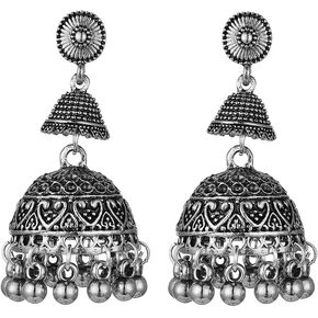 Bohemian Large Bell Jhumka Jhumki Earrings Tassel Beaded Ball Dangle Drop Earrings Boho Indian Ethnic Gypsy Bollywood Oxidized Dangling Earring Traditional Jewelry Gifts for Women Girls Xmas