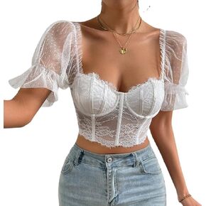 Corset Top with Puff Sleeves Lace Floral Crop Bustier Going Out Sexy Tops