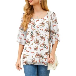 Feiersi Womens Casual Scoop Neck Blouses 3/4 Sleeve Chiffon Dressy Blouse Tops Shirts