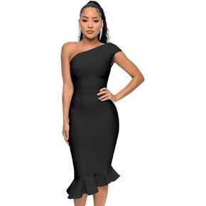 Women's Mermaid One Shoulder Bodycon Bandage Dress Midi Party Cocktail Dress
