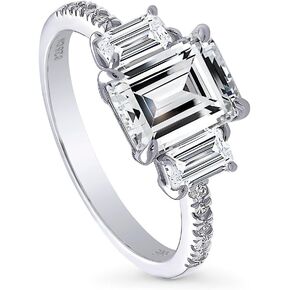 BERRICLE Sterling Silver 3-Stone Wedding Engagement Rings Step Emerald Cut Cubic Zirconia CZ Promise Ring for Women, Rhodium Plated Size 4-10