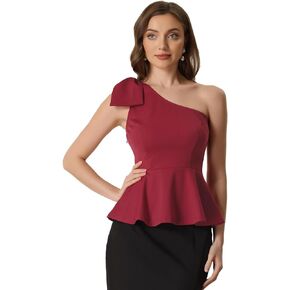 Allegra K Peplum One Shoulder Tops for Women's Elegant Ruffled Bow Top