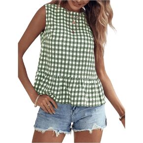 Floerns Women's Gingham Print Sleeveless Round Neck Ruffle Hem Peplum Blouse Top