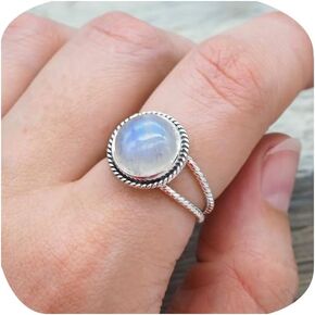 9MM Vintage Round Moonstone 925 Sterling Silver Ring for Women Statement Band Finger Minimalist Vintage Handmade Victorian Style Solitaire Casual Promise Ring（10#）