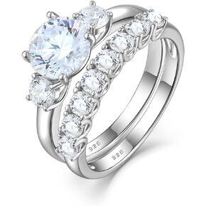 Sterling Silver Engagement Rings Set for Women, Dainty Round Cut Stone Wedding Rings for Bridal Cubic Zirconia Promise Rings Gift