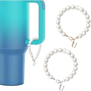 2PCS Premium Set Stainless Steel Letter Charm Accessories for Stanley Cup/Simple Modern Tumbler,With Pearl Chain Initial Name ID Personalized Handle Charm for Stanley Tumbler