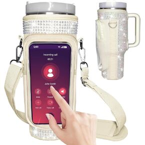 Bling Water Bottle Carrier Bag with Touchscreen Phone Pocket for Stanley 40oz Tumbler with Handle Neoprene Water Bottle Holder Pouch with Adjustable Strap for Stanley Cup Accessories.