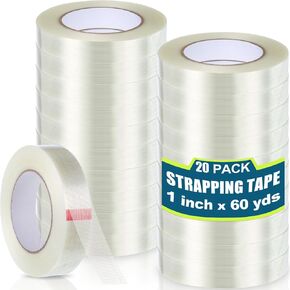 Treela 20 Rolls Filament Strapping Tape 5.5 Mil Transparent Reinforced Fiberglass Tape Reinforced Packing Tape Heavy Duty Shipping Tape for Sealing Binding Fixing (1/2 Inch X 60 Yards)