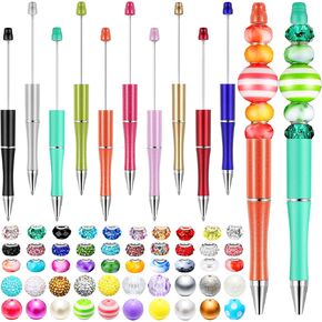 Yexiya 10 Pieces Beadable Pen Bead Pens with Assorted Colors Beads for Pens Multicolor Ballpoint Pen Colorful Spacer Bead with 4mm Hole Black Ink Beaded Pens for Kids Back to School DIY Supplies