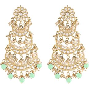 Aheli Gold Plated Long Chandbali Copper Green Dangle Earrings Glided with Kundan & Pearls