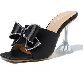 fereshte Women's Rhinestone Bow Heels Square Toe High Heeled Mule Dress Party Wedding Sandals