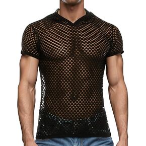 FEOYA See Through Fishnet Top Mesh T Shirts for Men Transparent Tee Round Neck Long Short Sleeve Party Club Top