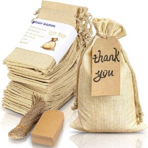 SCALAR SOLUTIONS 50 PCS Burlap Gift Bags - EASY TIE KNOT, WON’T BREAK OR TEAR, Large 5" x 8.5" Hessian Jute Linen Fabric Muslin Bags with Drawstring