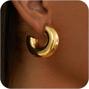 Chunky Gold Hoop Earrings for Women, Trendy 14K Gold Plated Gold/Silver Chunky Hoop Earrings Small Thick Oval Open Double Hoop Earrings Hypoallergenic Lightweight Earrings for Women Gold Jewelry