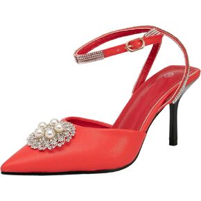 getmorebeauty Women's Stiletto High Heels Slingback Pumps Pearls Sandals Pointed Toe Ankle Strap Wedding Bridal Shoes