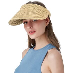 Croogo Straw Sun Visor Hat Wide Brim Visors Travel Tennis Golf Beach Cap Summer Handmade Straw Hats for Women Open Top Hats