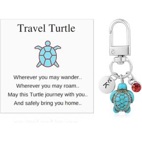 Travel Turtle Keychain, Cute Turtle Keyring with Red Gemstone & Encouragement Card Creative Name Initials Sea Turtle